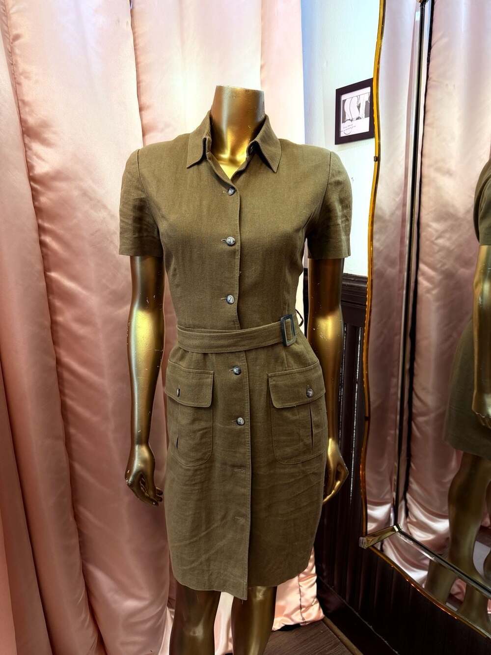 Vintage Linen-Blend Belted Olive Green Cargo  Dress